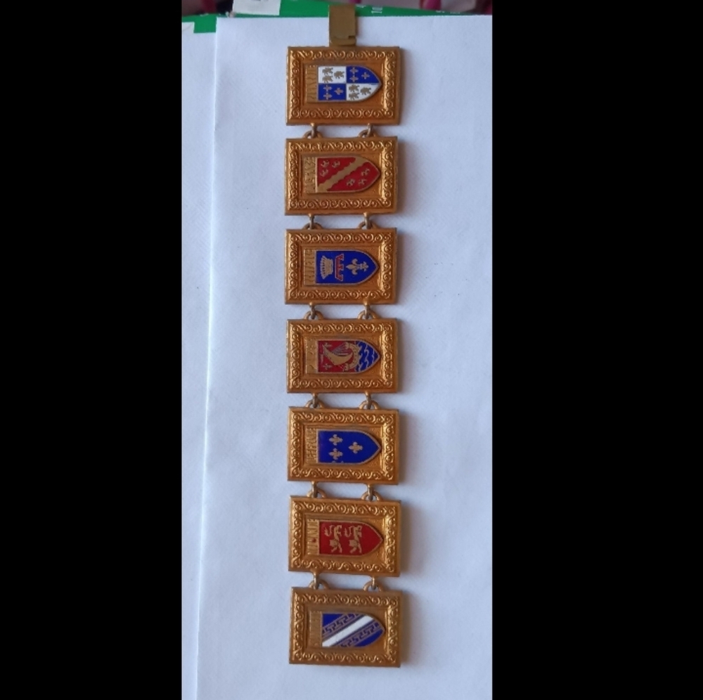 Fabulous Vintage Gilt Brass & Enameled French Link Bracelet, Enameled Crests